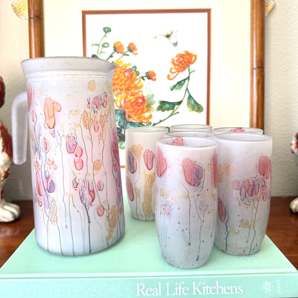 Rueven Vintage Nouveau Art Glass Company Pitcher & 6 glasses Italy Hand Painted
